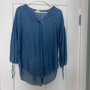LOFT Blue Chambray V-Neck Tunic with Tie Sleeves
